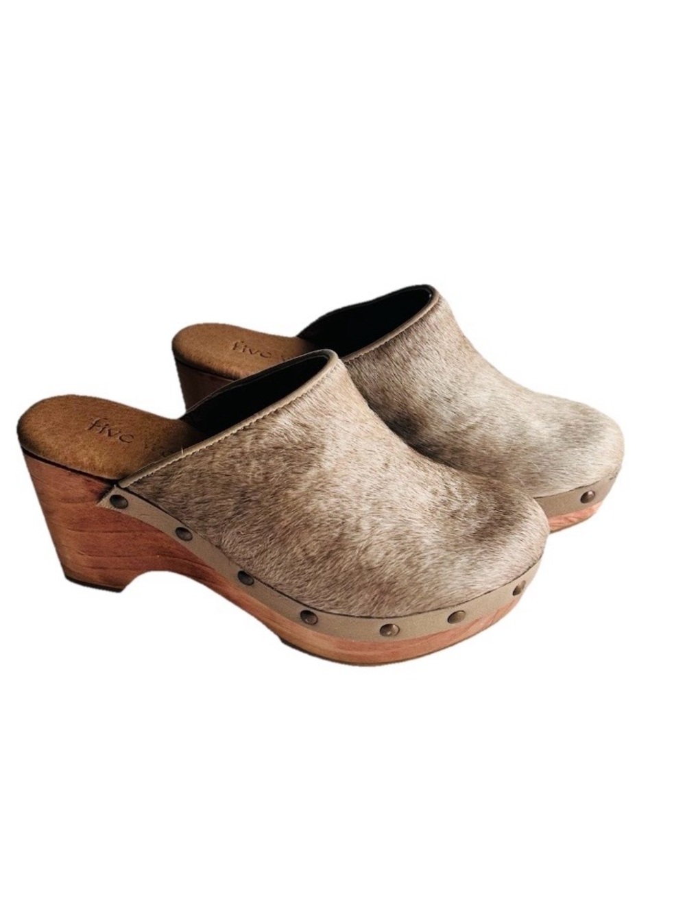 New Five Worlds Cream Grey Real Cow Hair Wood Rubber Outsole Clogs size 7